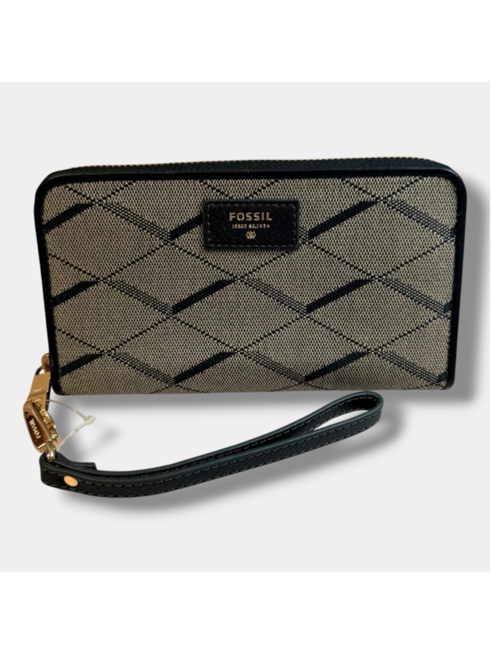 Fossil Zip Around Wristlet Wallet Black Tan Canvas Leather Trim Gold Hardware